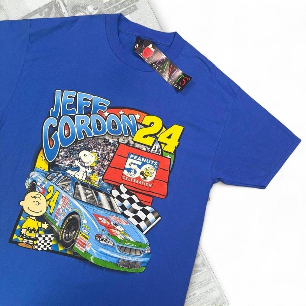 Chase Authentics Jeff Gordon Snoopy Peanuts 50th Celebration Blue Tee Men L NWT